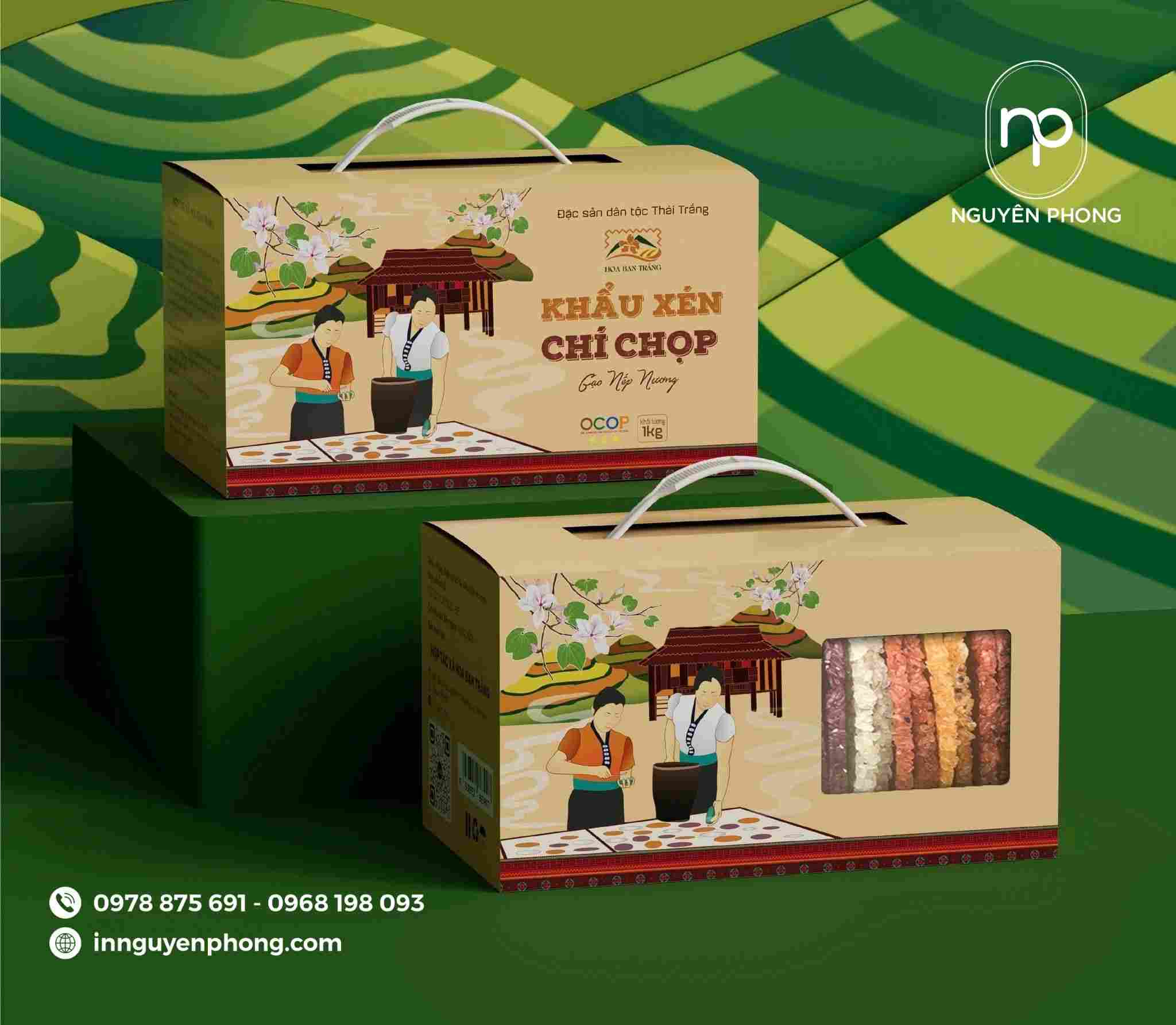 in hộp giấy đựng đặc sản có bóng kính